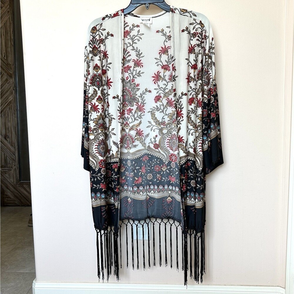 R. Rouge Women’s Med Kimono Cardigan Boho Floral Fringe Gypsy Cottage Coverup